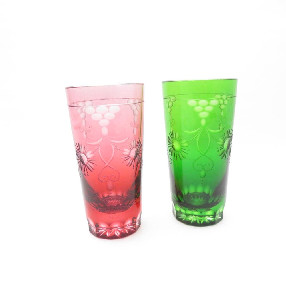 美品 Meissen Crystal マイセンクリスタル 色被せ クリサンテーム グリーン/レッド タンブラー 2点 クリスタル セット グラス オールドファッション SU11327L1 【中古】