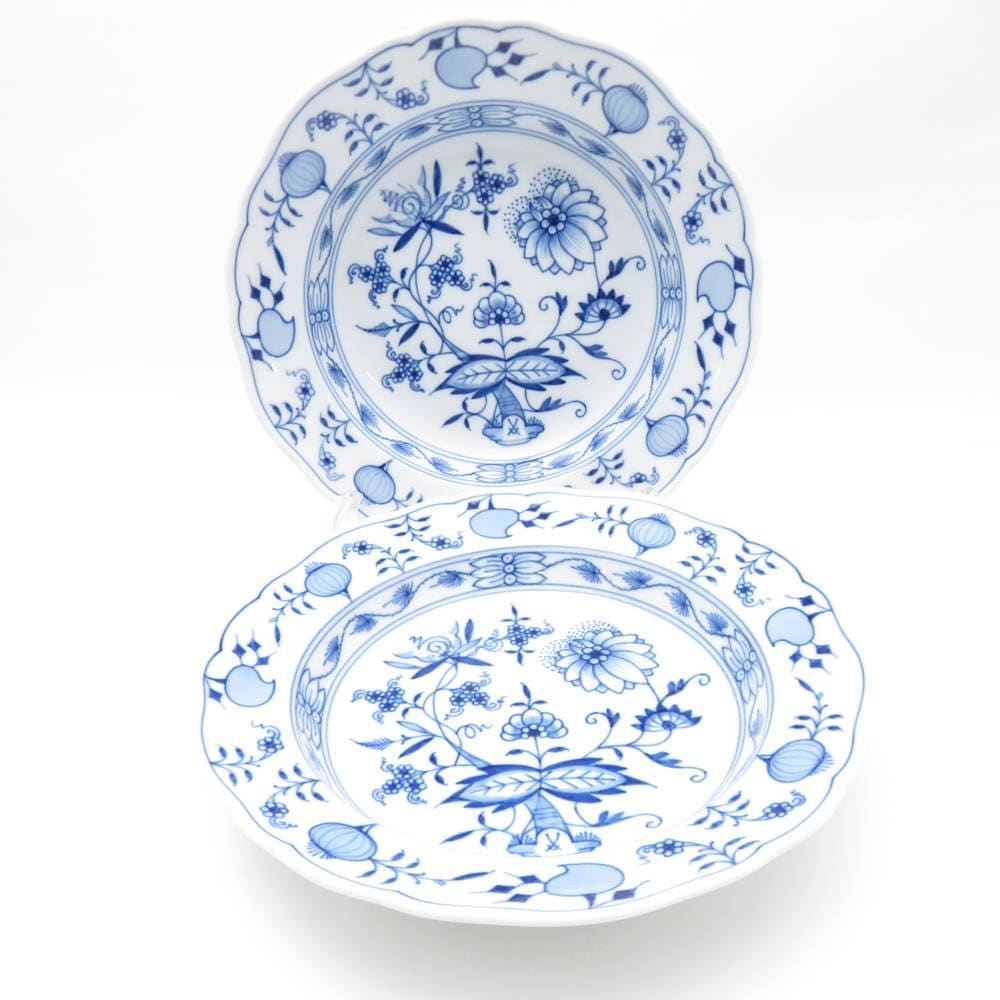 美品 MEISSEN マイセン ブルーオニオン 800101-00487 スーププレート 2枚 ペア 20cm ディープ 深皿 テーブルウェア SU11003D1 【中古】