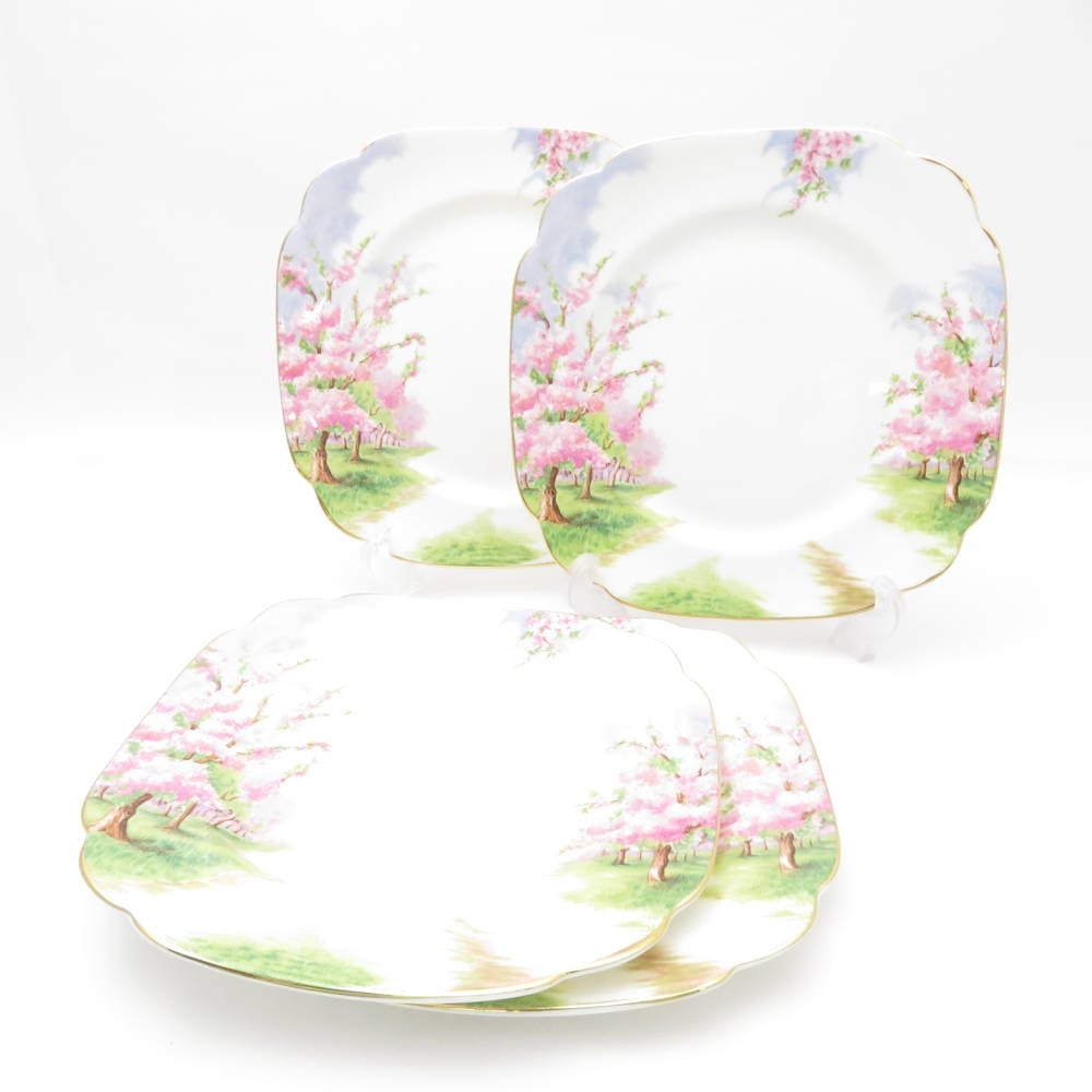 美品 ROYAL ALBERT ロイヤルアルバート ブロッサムタイム ケーキ皿 4枚 スクエアプレートセット パン デザート 桜 SU10781B2 【中古】