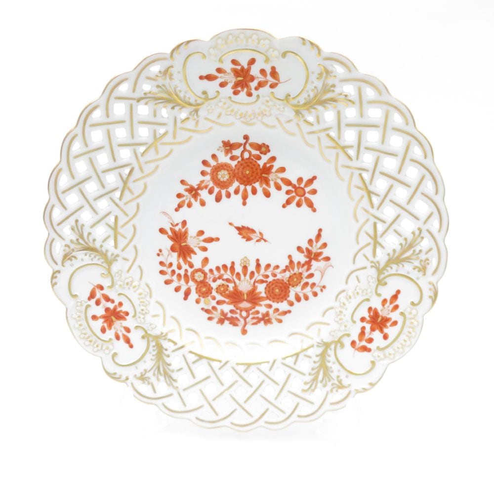 美品 MEISSEN マイセン インドの華 コーラルレッド オープンワークプレート 1枚 透かし皿 赤珊瑚 珊瑚朱色 文様 金彩 東洋 SU11195B1 【中古】