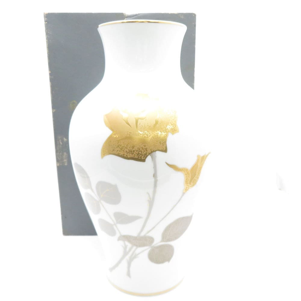 美品 OKURA 大倉陶園 金蝕バラ 花瓶 フラワーベース H35 壺 薔薇 インテリア SU11510Z 【中古】