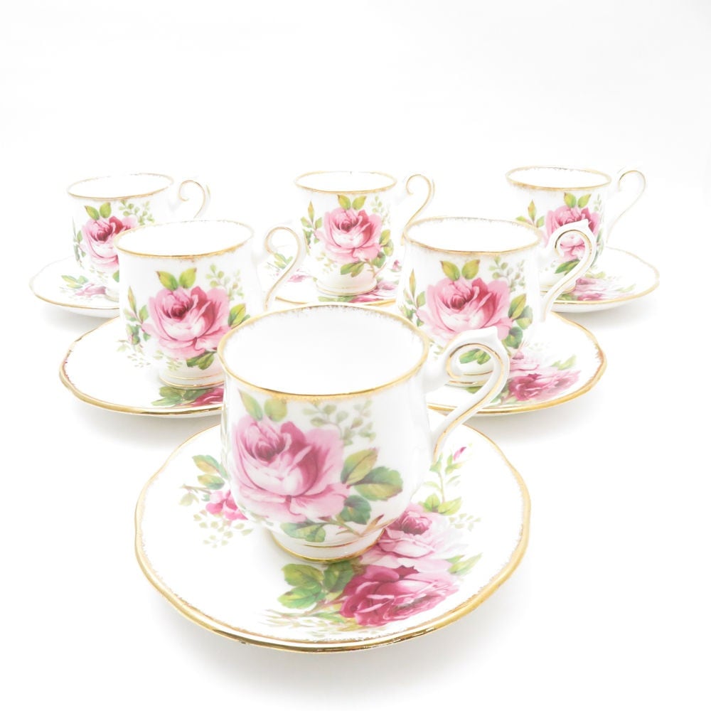 美品 ROYAL ALBERT ロイヤルアルバート アメリカンビューティー デミタスカップ＆ソーサー 6客 セット コーヒー 金彩 薔薇 レア 希少 SU11480L1 【中古】