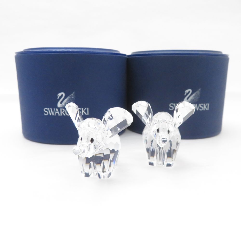 美品 SWAROVSKI スワロフスキー ゾウ Mini エレファント フィギュリン 2点 クリスタル オブジェ 象 置物 クリア ミニオーナメント SU11719B2 【中古】