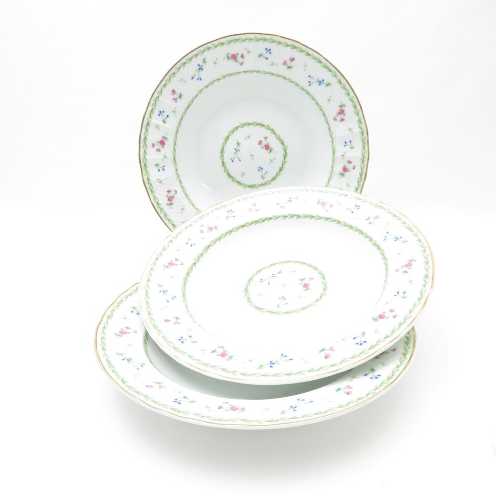 美品 BERNARDAUD LIMOGES ベルナルドリモージュ Artois vert アルトワ ベール 深皿 3枚 23cmプレートセット ディープ 金彩 花 SU11975S2 【中古】