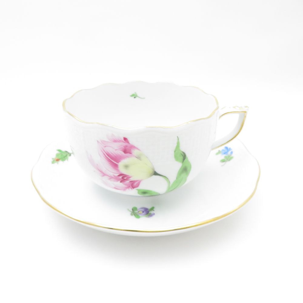 美品 Herend ヘレンド バコニーの春 PDB 724 ティーカップ＆ソーサー 1客 キティピンク 金彩 白磁 ハンガリー SU11989S2 【中古】