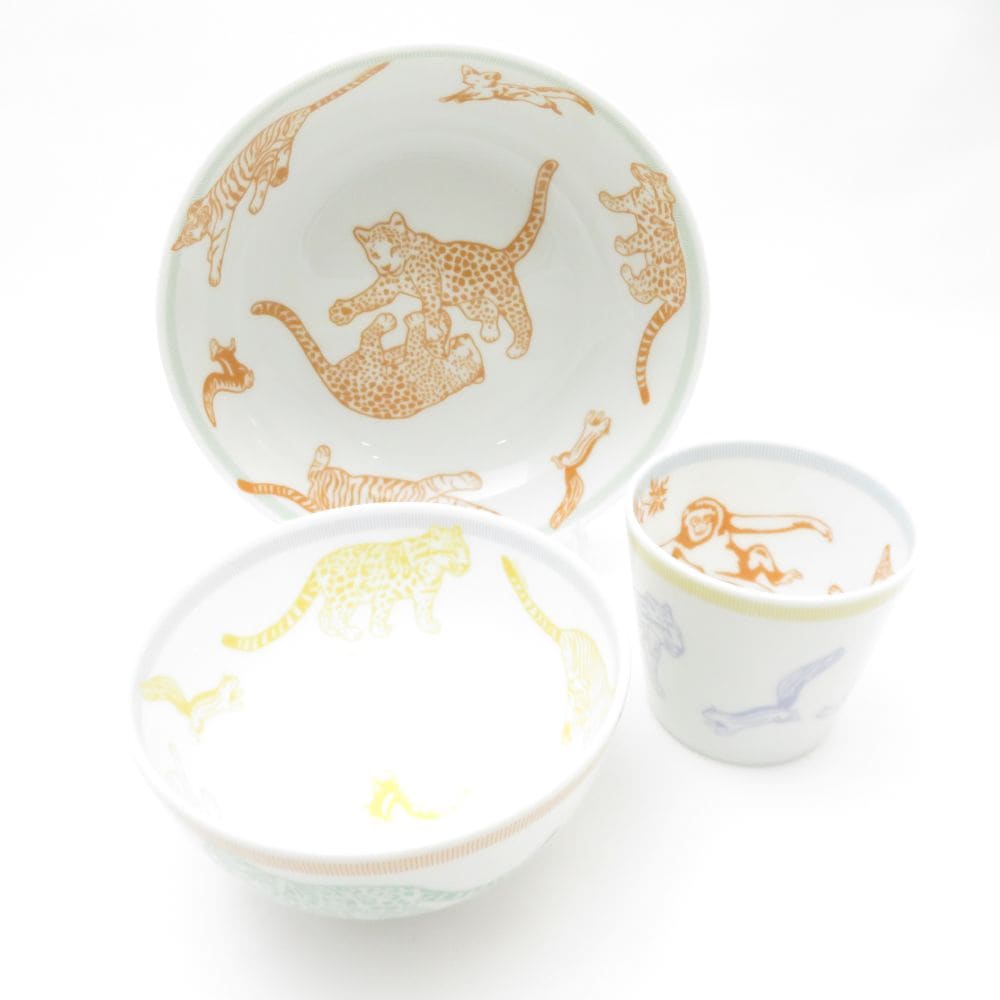 美品 HERMES エルメス Petits felins プティフェラン シリアルプレート&ボウル&タンブラー 3点 セット 深皿 カップ 動物柄 テーブルウェア SU11880U2 【中古】