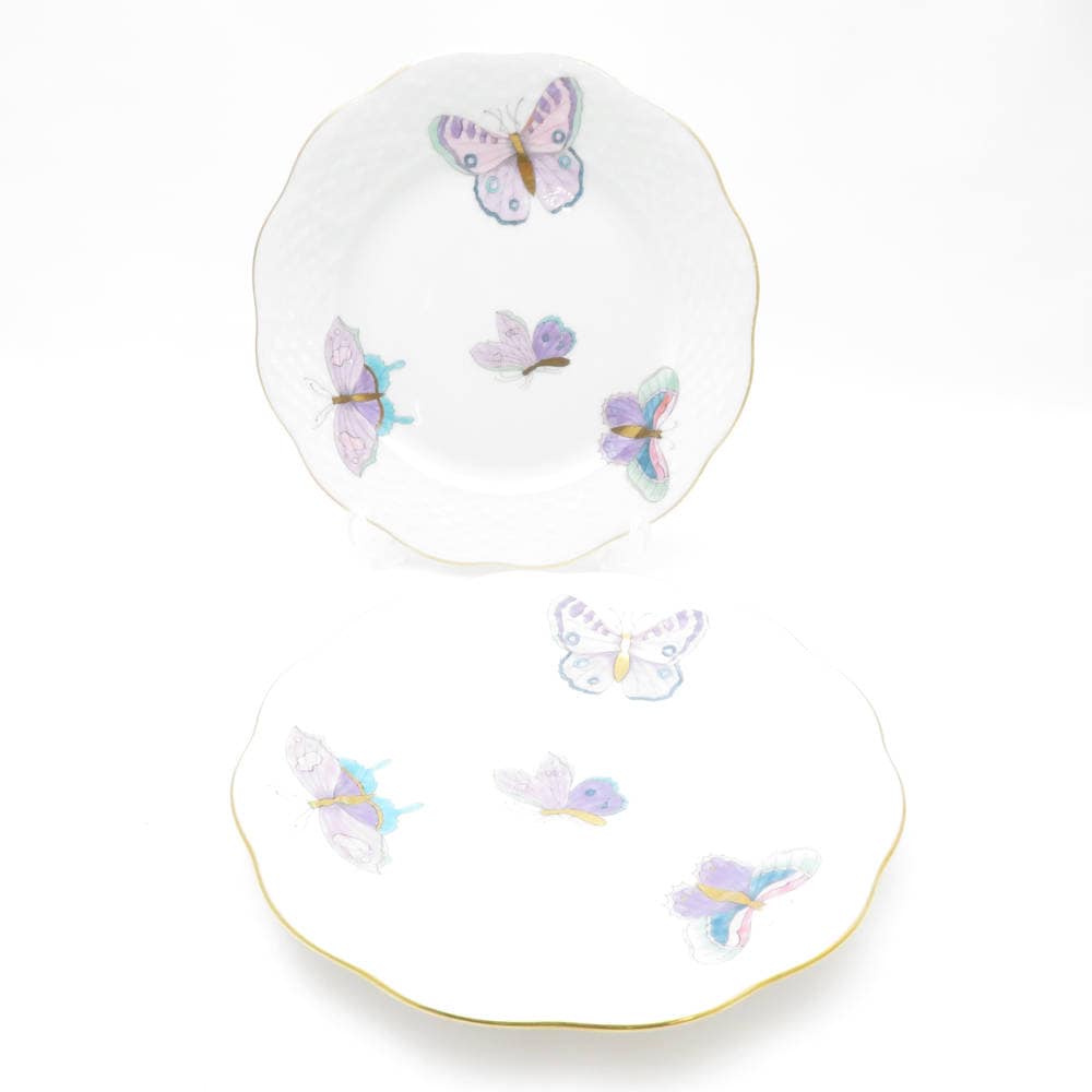 美品 Herend ヘレンド ロイヤルガーデン パピヨン EVICTP2 517 中皿 2枚 ペア 19cmデザートプレート ケーキ 蝶 金彩 SU12188C2 【中古】