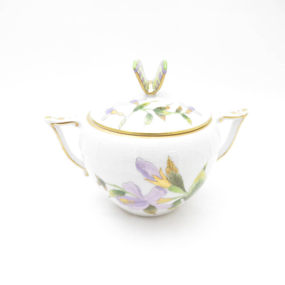 美品 Herend ヘレンド ロイヤルガーデン EVICTF1 472 シュガーポット 1点 グリーン フラワー 花 蝶 砂糖 金彩 SU12190C2 【中古】