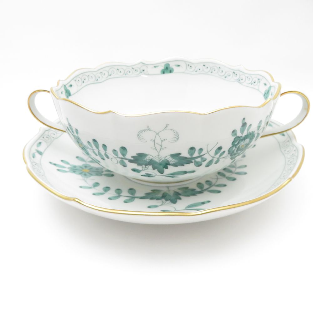 美品 MEISSEN マイセン インドの華 340310 スープカップ＆ソーサー 1客 希少 レア インディアンミドルグリーン SC7806D1 【中古】