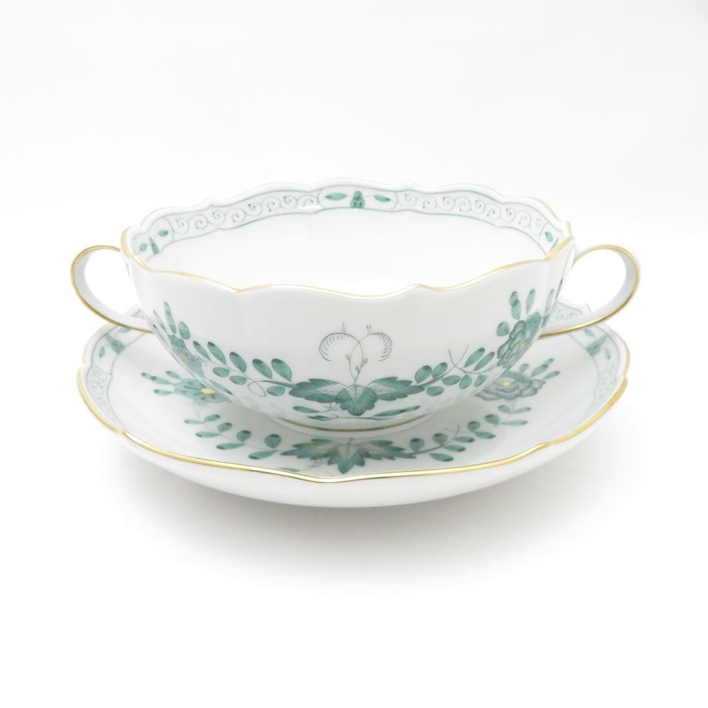 美品 MEISSEN マイセン インドの華 340310 スープカップ＆ソーサー 1客 希少 レア インディアンミドルグリーン SC7807D1 【中古】