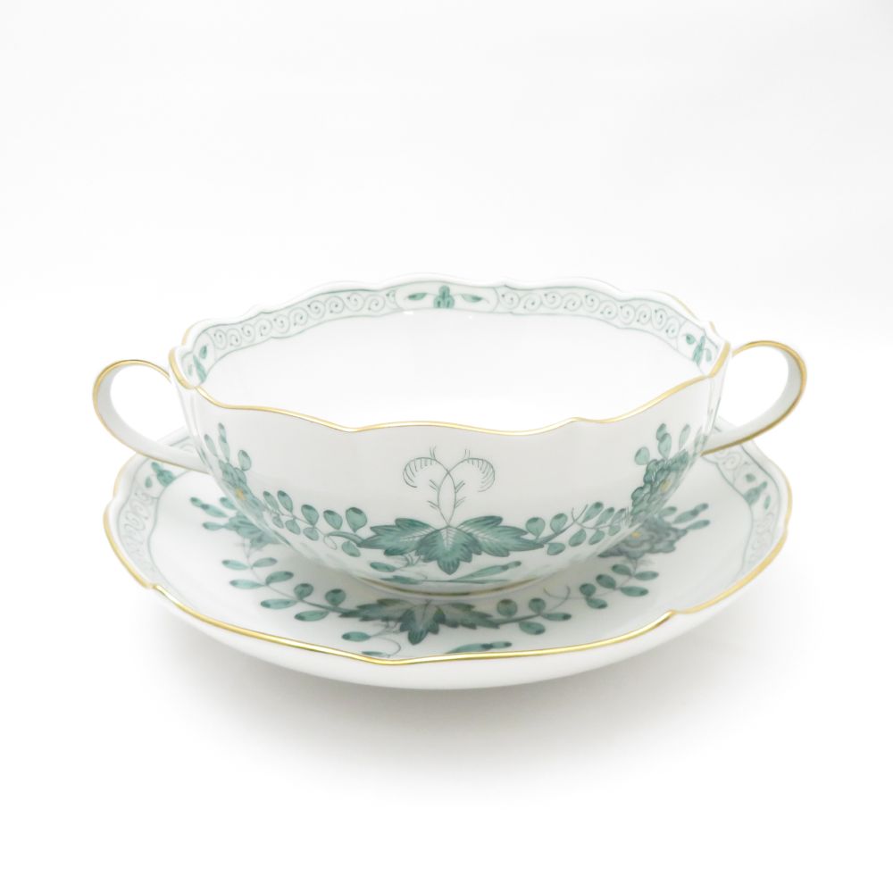 美品 MEISSEN マイセン インドの華 340310 スープカップ＆ソーサー 1客 希少 レア インディアンミドルグリーン SC7808D1 【中古】