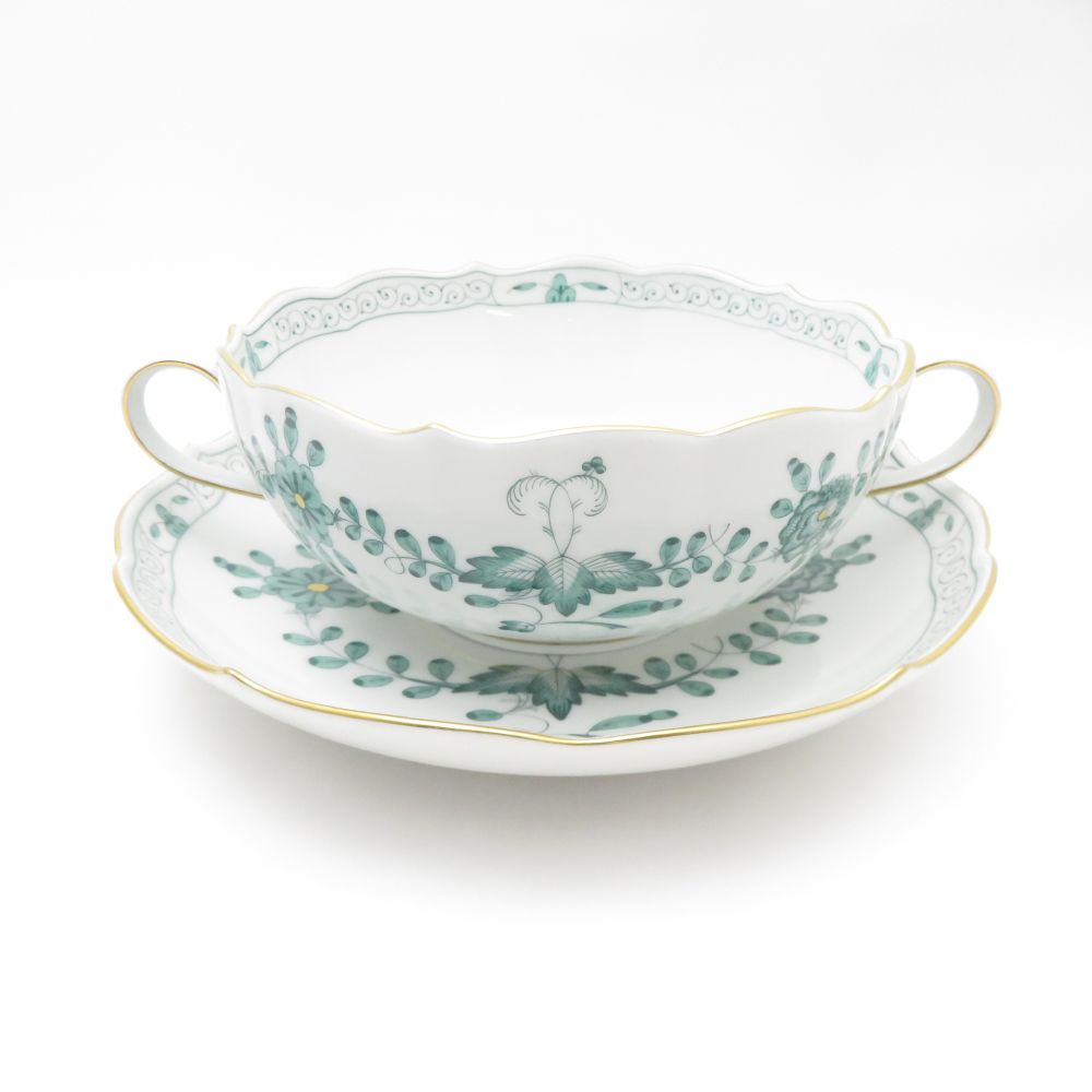 美品 MEISSEN マイセン インドの華 340310 スープカップ＆ソーサー 1客 希少 レア インディアンミドルグリーン SC7809D1 【中古】