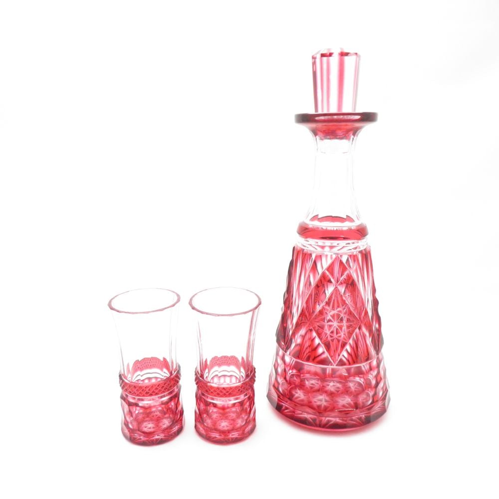 美品 Shimadzu Satsumakiriko 島津薩摩切子 冷酒器セット 3点 デカンタ グラス SY12666L2 【中古】