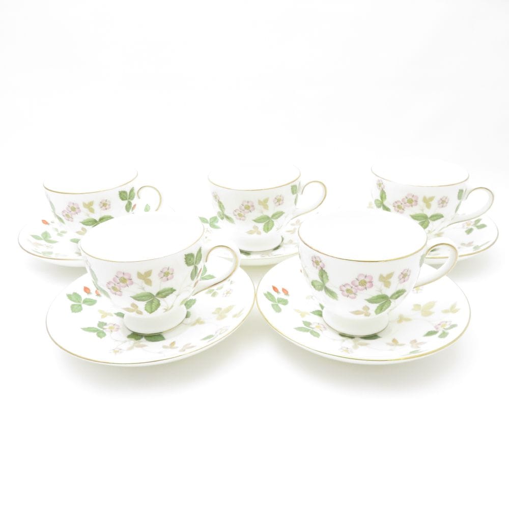 WEDGWOOD ウェッジウッド ワイルドストロベリー ティーカップ＆ソーサー 5客 セット リー 黒壺 旧刻印 SC7983L1 【中古】