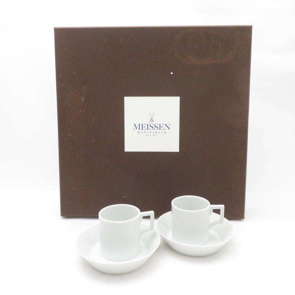 美品 MEISSEN マイセン アレンジメンツ ESSPRESSO DELL'ARTE エスプレッソカップ＆ソーサー 2客 ペア デミタス コーヒー 双剣マーク 白磁 SU12618H1 【中古】