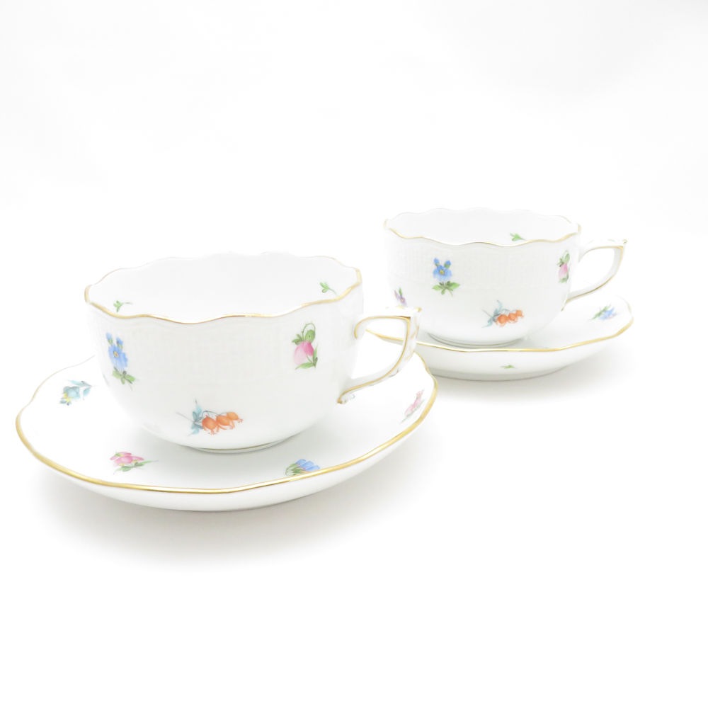 美品 Herend ヘレンド ミルフルール MF 724 ティーカップ＆ソーサー 2客 ペア 小花柄 フラワー 金彩 紅茶 碗皿 SY12819K1 【中古】