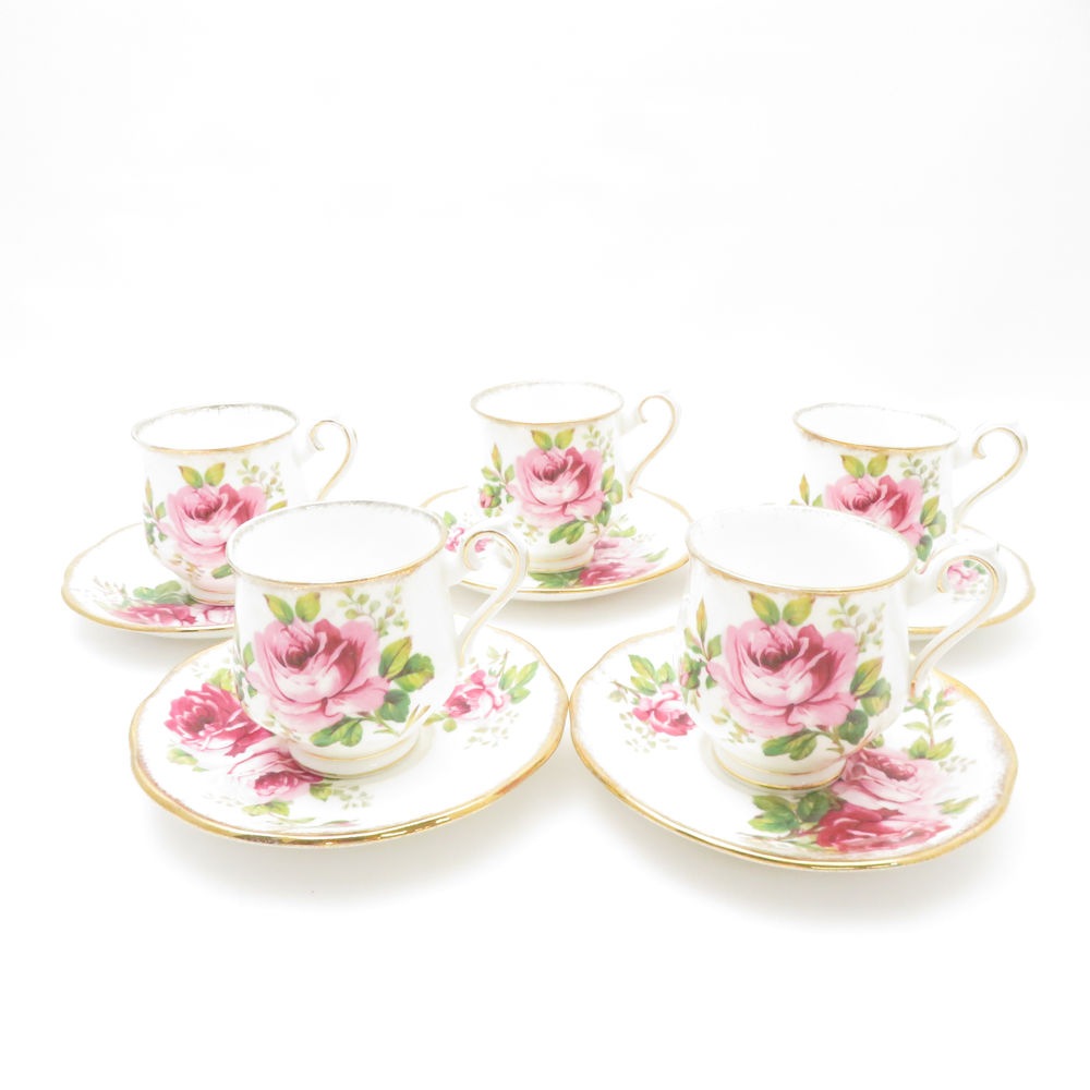 美品 ROYAL ALBERT ロイヤルアルバート アメリカンビューティー デミタスカップ＆ソーサー 5客 セット コーヒー 金彩 薔薇 レア 希少 SU12523K1 【中古】