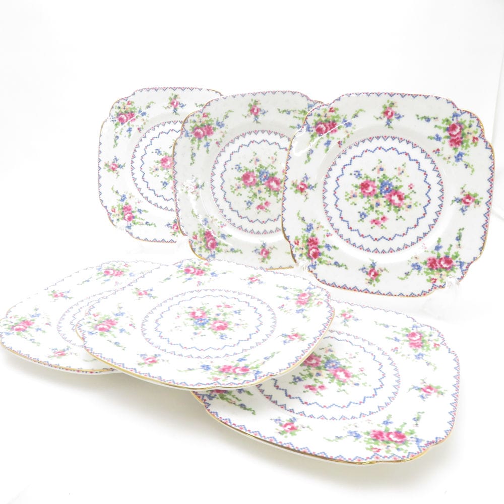 美品 ROYAL ALBERT ロイヤルアルバート プチポワン スクエアプレート 6枚 セット 皿 金彩 モザイク 薔薇 バラ 英国 SU12527K1 【中古】