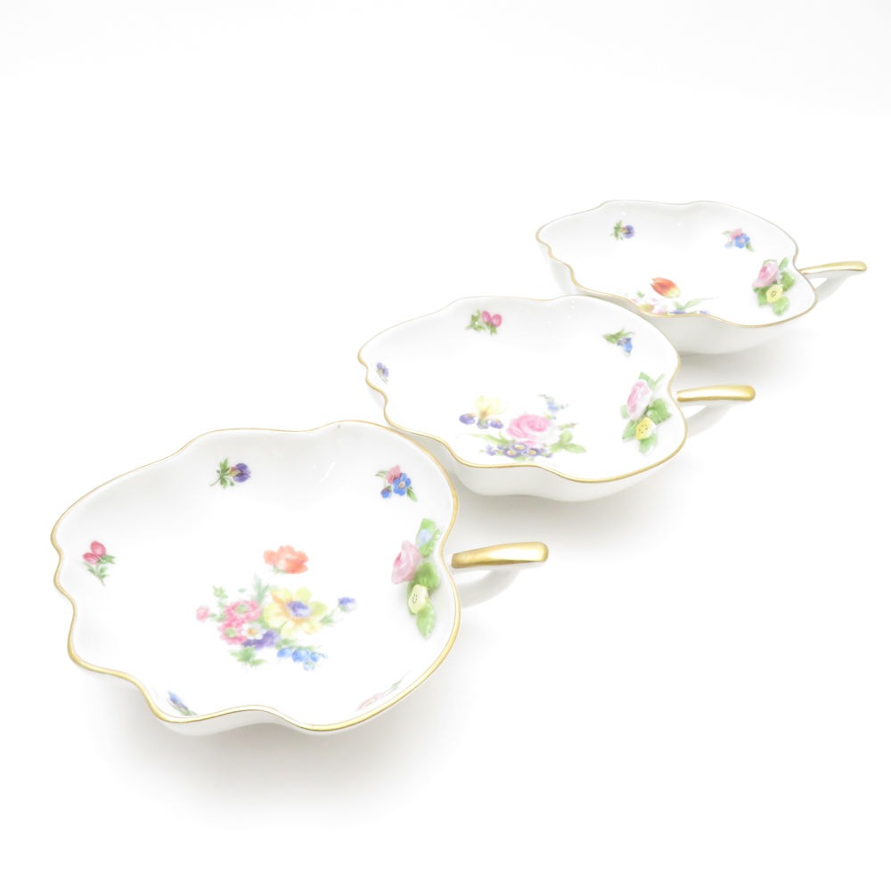美品 Lindner リンドナー リーフトレイ 3枚 プレートセット 葉っぱ皿 金彩 花柄 SU12537K1 【中古】