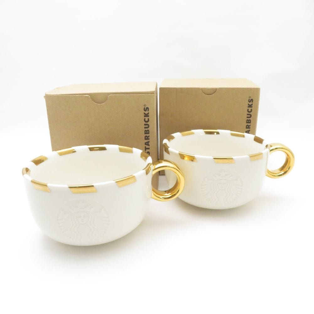 美品 STARBUCKS スターバックス ホリデー2015 ゴールドリングマグ 2点 陶器 ペア カップ 440ml スタバ SC8065A1 【中古】
