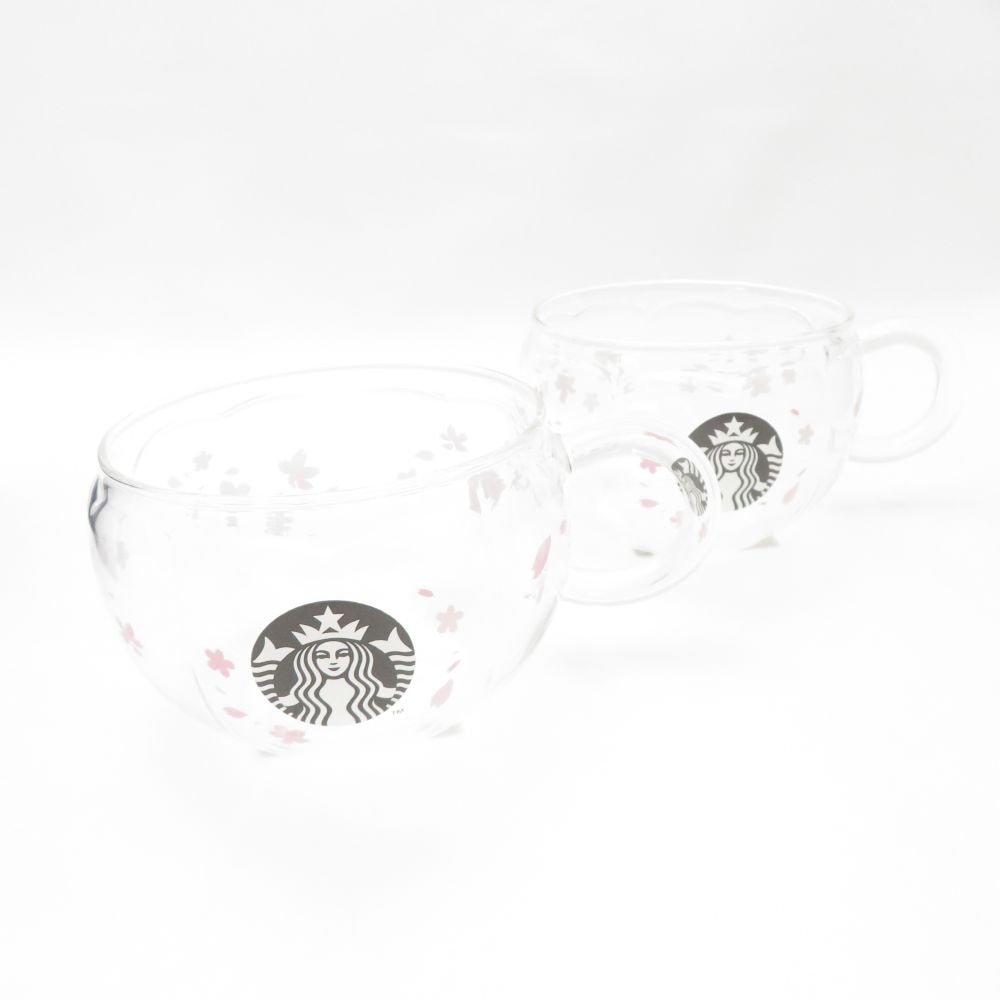 美品 STARBUCKS スターバックス SAKURA2020 サクラシェイプ 耐熱グラスマグ 2点 ガラス ペア 296ml カップ 桜 SAKURA スタバ SC8089A1 【中古】