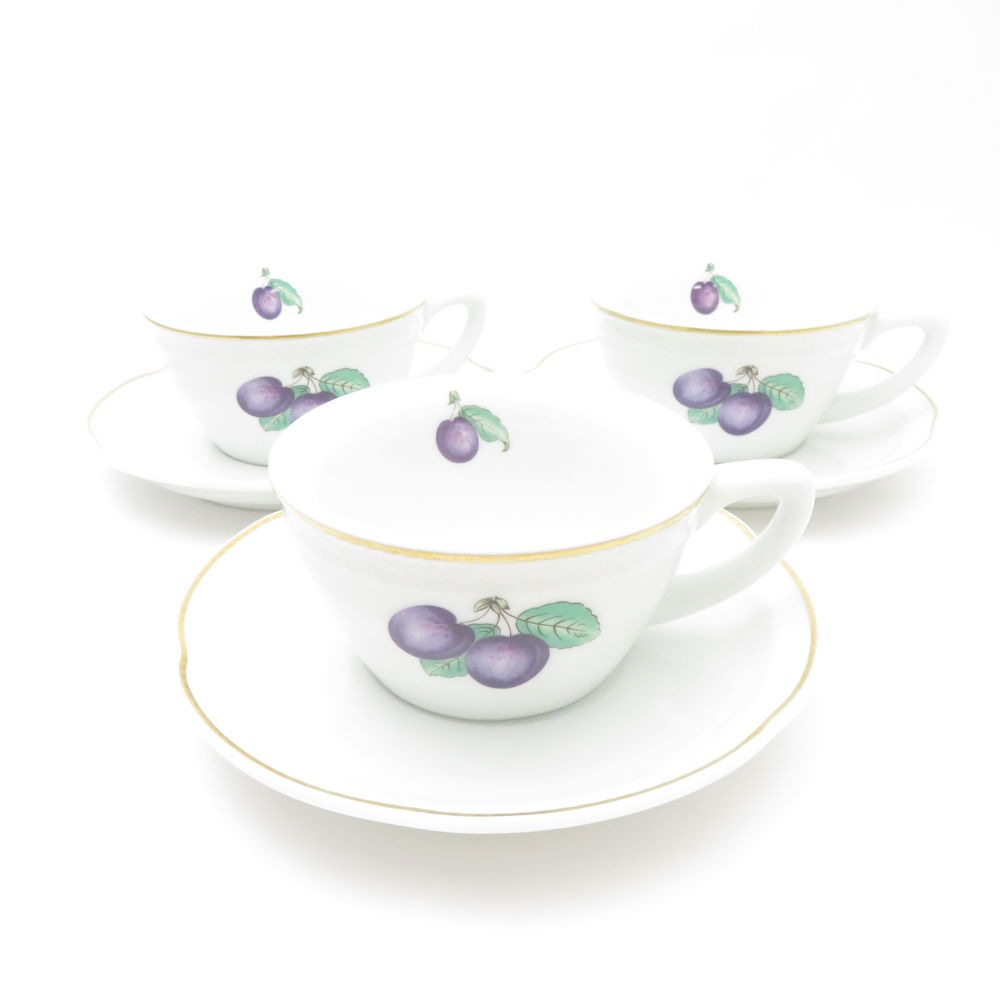 美品 Richard Ginori リチャードジノリ ボンジョルノプルーン ティーカップ＆ソーサー 3客 セット 金彩 ゴールド ホワイト 白 SU12687Q1 【中古】