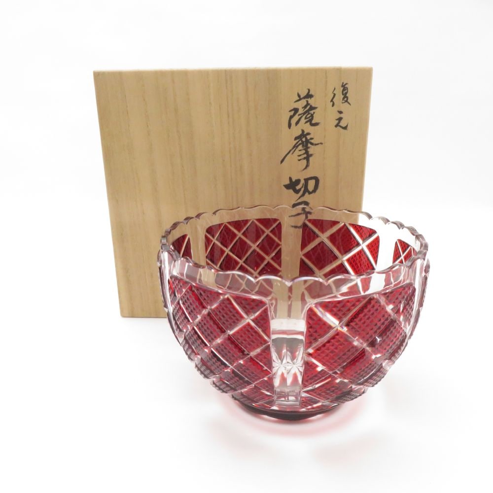 Shimadzu Satsumakiriko 島津薩摩切子 紅被せガラス 尚古集成館監修 切子向付鉢 工芸作 SC8373C2 【中古】