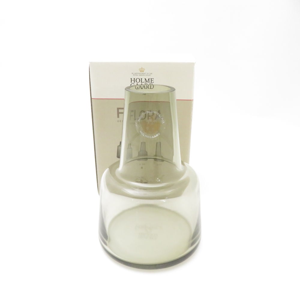 美品 Holmegaard ホルムガード フローラ 花瓶 12cm ミディアム スモーク ベース 花びん SC8234E2 【中古】