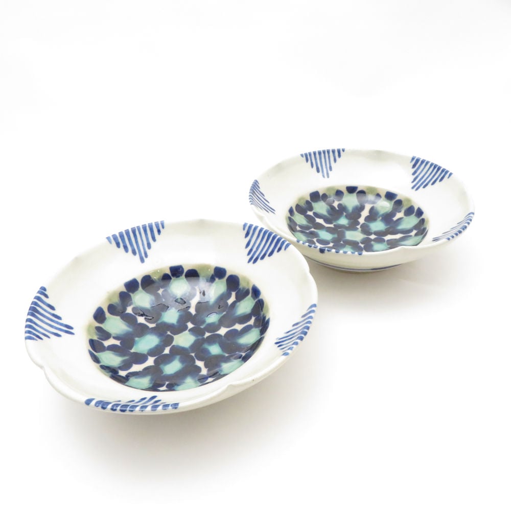 壹岐幸二 花点紋輪花 5寸鉢 2枚 ペア 小鉢 深皿 ディープ 和食器 SY12973A1 【中古】