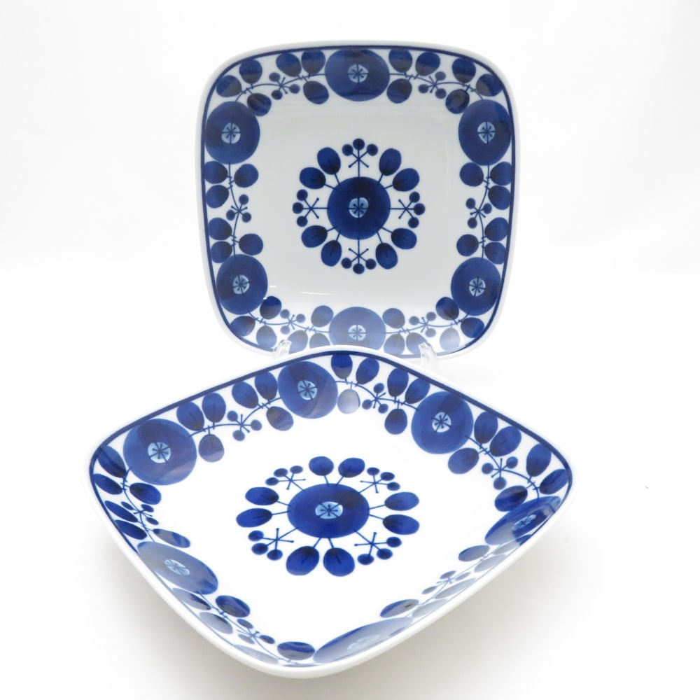 HAKUSAN JAPAN 白山陶器 BLOOM ブルーム リース スクエアディッシュ 2枚 L ペア 21cmプレート 波佐見焼 花 白 青 SU12879E2 【中古】