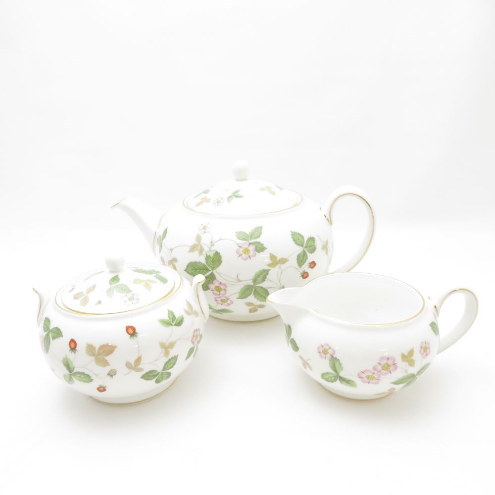 WEDGWOOD ウェッジウッド ワイルドストロベリー ティーポット シュガー クリーマー 3点 セット 茶器 砂糖 クリーム ミルク 英国 SU12872S2 【中古】