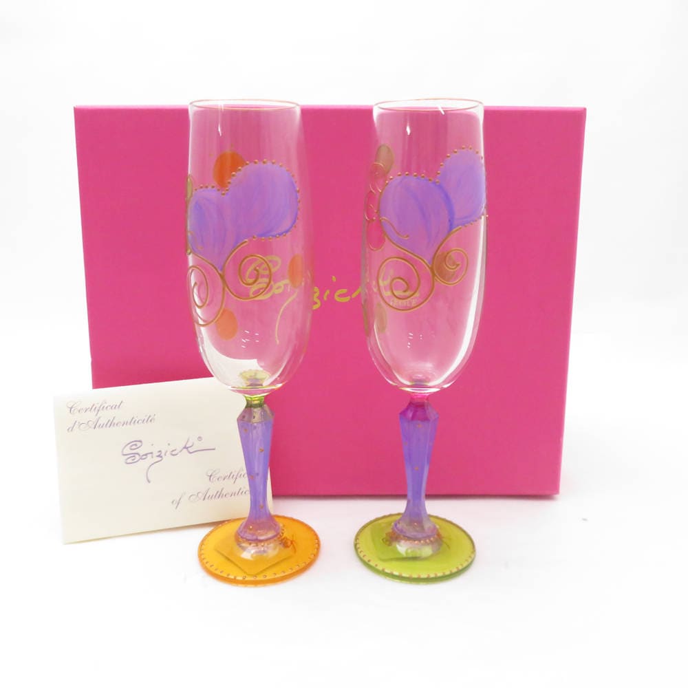 未使用 Soizick France ソワジック リモージュ シャンパングラス 2客 ハンドペイント ペア フルート ハート ラブリー 手描き SU12892H2 【中古】