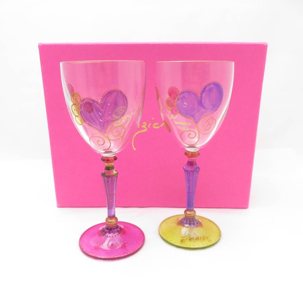 美品 Soizick France ソワジック リモージュ ワイングラス 2客 ハンドペイント ペア ハート ラブリー 手描き SU12893H2 【中古】