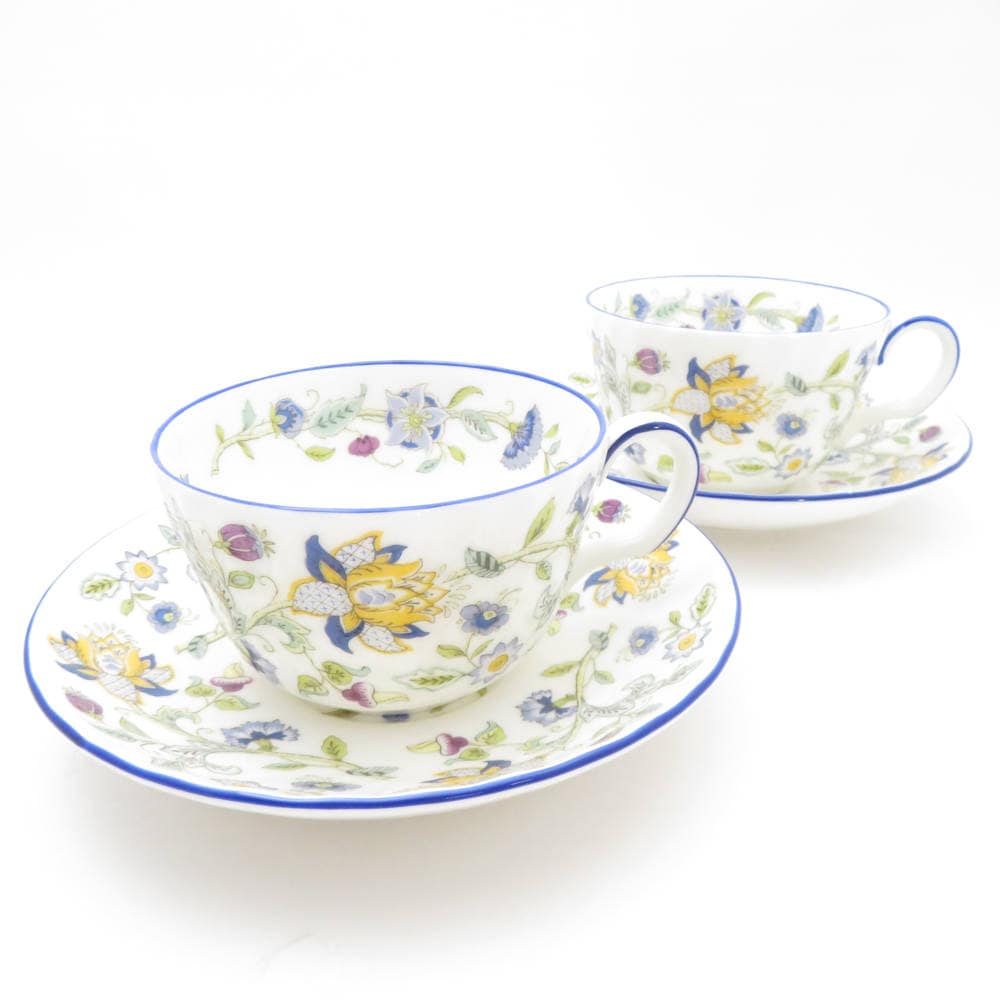 美品 MINTON ミントン ハドンホールブルー ティーカップ＆ソーサー 2客 ペア 花柄 フラワー SC8503Q1 【中古】