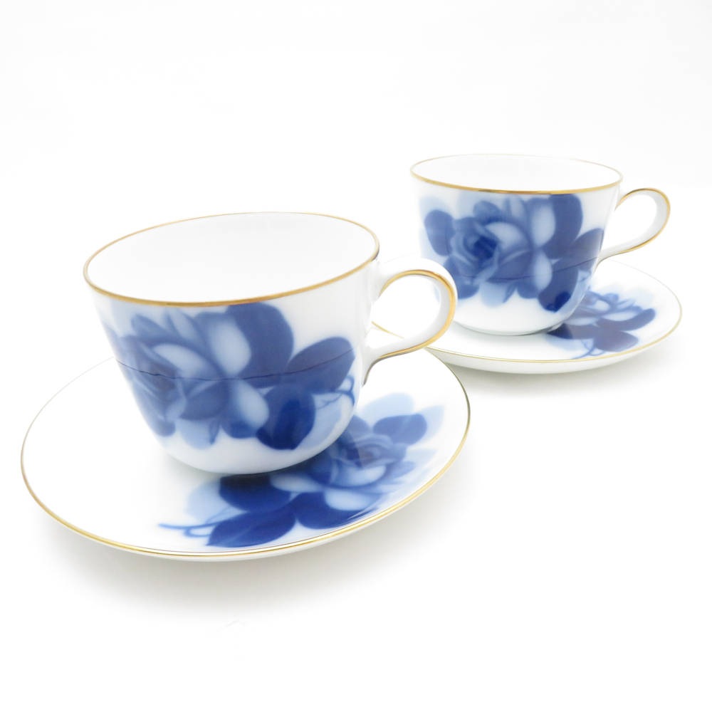 OKURA 大倉陶園 ブルーローズ 8211 モーニングカップ＆ソーサー 2客 ペア バラ SM4292H2 【中古】