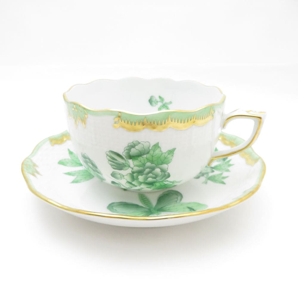 美品 Herend ヘレンド ヴィクトリアブーケ グリーン VBOB 724 ティーカップ＆ソーサー 1客 SY13013D1 【中古】