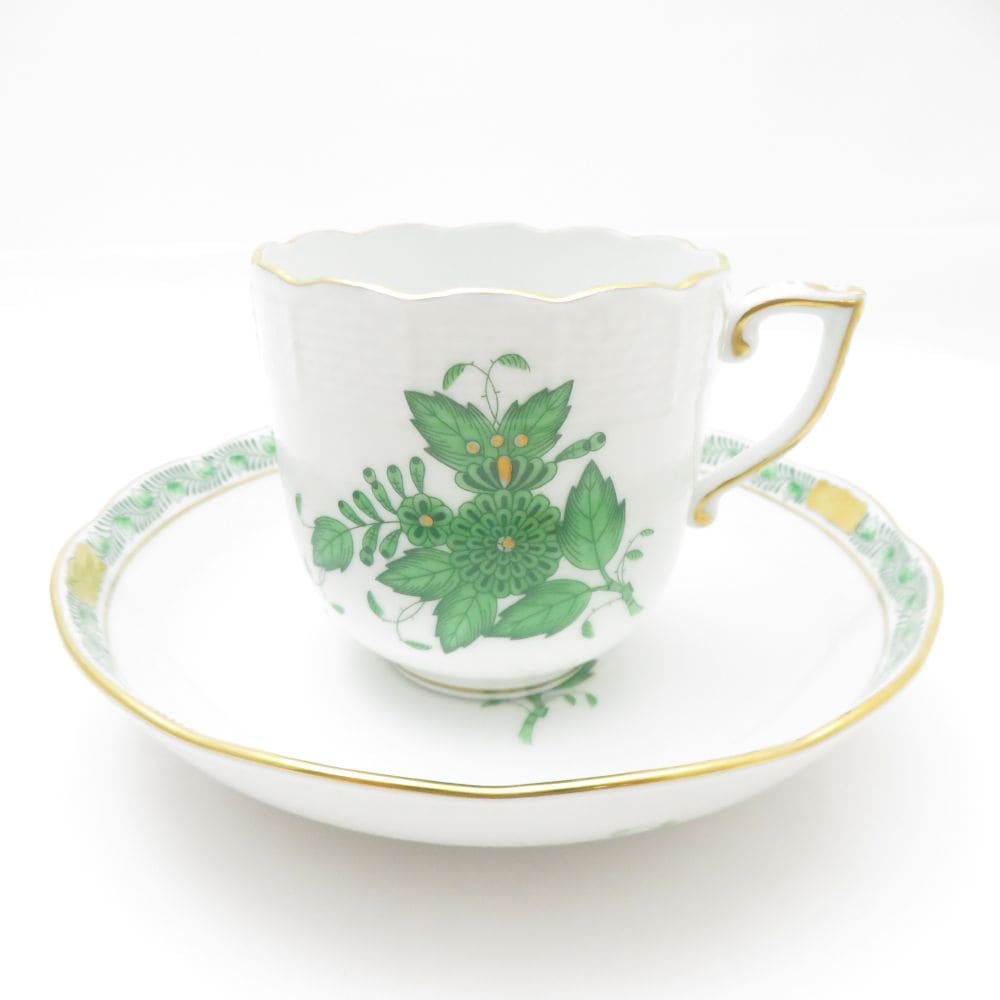 美品 Herend ヘレンド アポニーグリーン AV 707 モカカップ＆ソーサー 1客 SY13015D1 【中古】