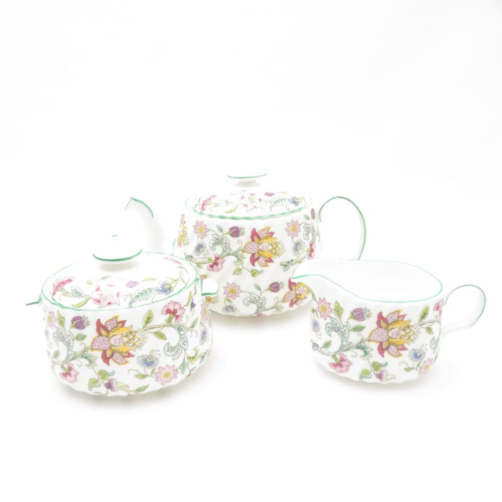 美品 MINTON ミントン ハドンホール ティーポット シュガーポット クリーマー 3点 セット 紅茶 砂糖 クリーム ミルク 英国 花 SU12910H2 【中古】