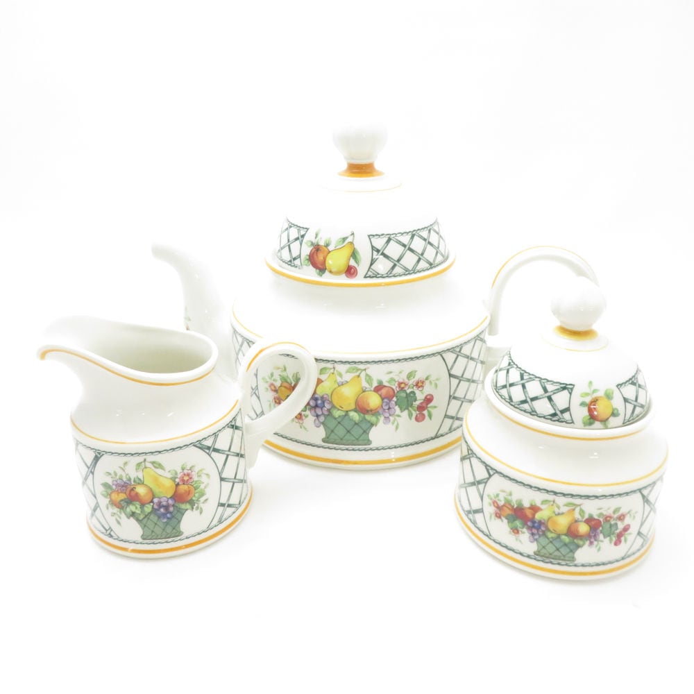 美品 Villeroy&Boch ビレロイ＆ボッホ バスケット ティーポット シュガー クリーマー 3点 セット 茶器 砂糖 クリーム ミルク SU12914H2 【中古】