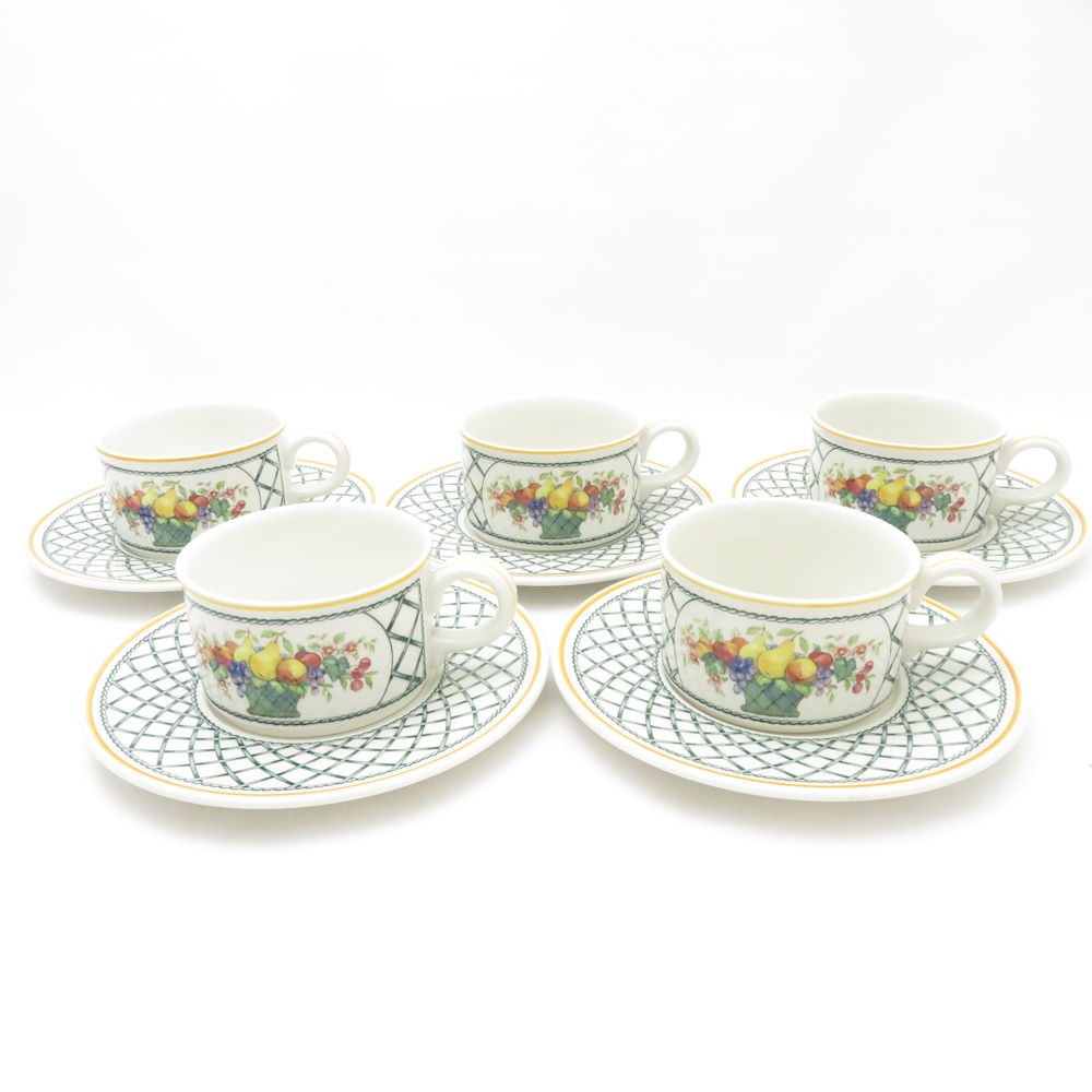美品 Villeroy&Boch ビレロイ＆ボッホ バスケット ティーカップ＆ソーサー 5客 セット 果物 花 フルーツ柄 フラワー SU12915H2 【中古】