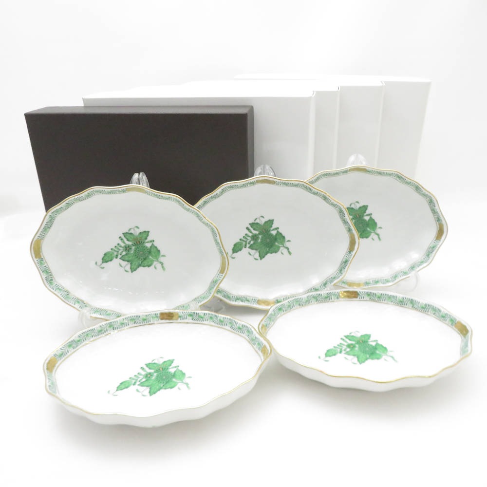 未使用 Herend ヘレンド アポニーグリーン オーバル皿 5枚 セット スイートディッシュ 15cmプレート SM4427A2 【中古】