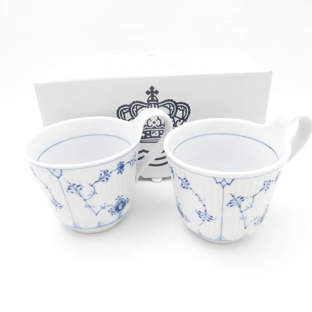 未使用 ROYAL COPENHAGEN ロイヤルコペンハーゲン ブルーフルーテッドプレイン マグカップ 2点 ペア ハイハンドル SM4318A3 【中古】