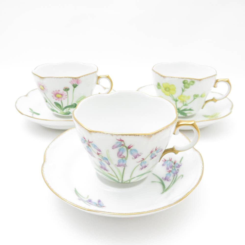 OKURA 大倉陶園 シェイクスピアフラワー デミタスカップ＆ソーサー 3客 セット 花 SC8514E2 【中古】