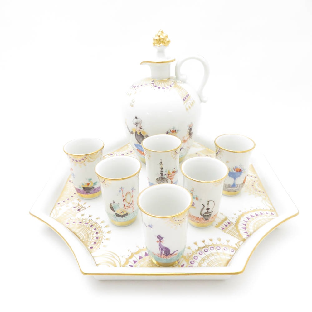 美品 MEISSEN マイセン アラビアンナイト 千夜一夜物語 酒器揃 8点 セット 徳利 猪口 盆 リキュール ボトル SC8531W3 【中古】