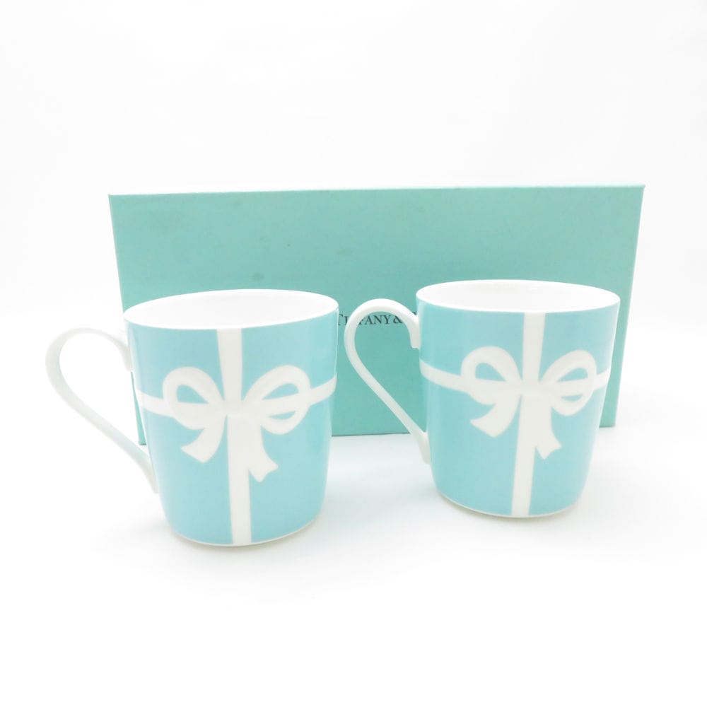 美品 TIFFANY＆Co. ティファニー ブルーボックス マグカップ 2点 陶器 ペア ブルーリボン コップ SC8608V2 【中古】