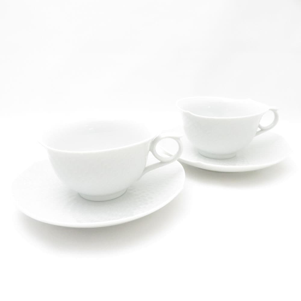 美品 MEISSEN マイセン 波の戯れ ホワイト ティーカップ＆ソーサー 2客 ペア SM4377T2 【中古】
