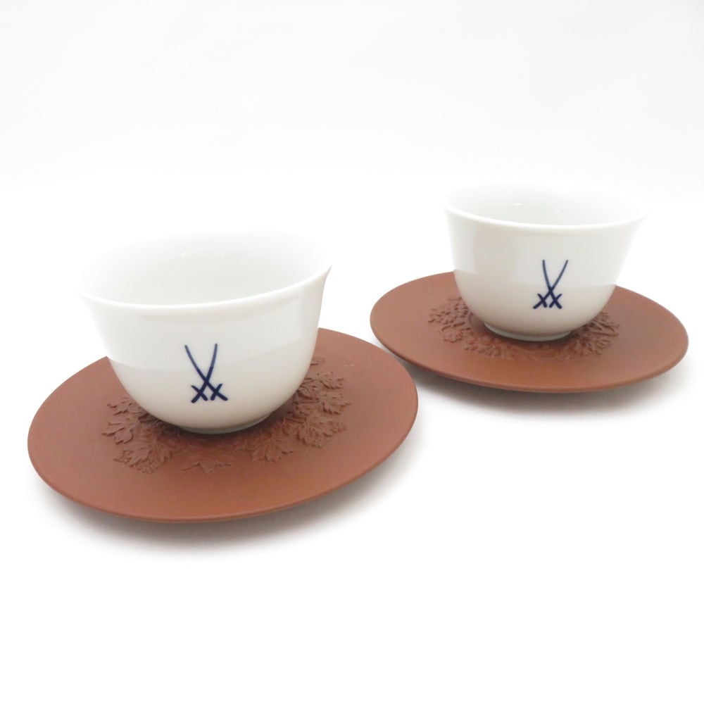 美品 MEISSEN マイセン 剣マーク 湯呑＆茶托 2客 ペア ゆのみ SM4389T2 【中古】