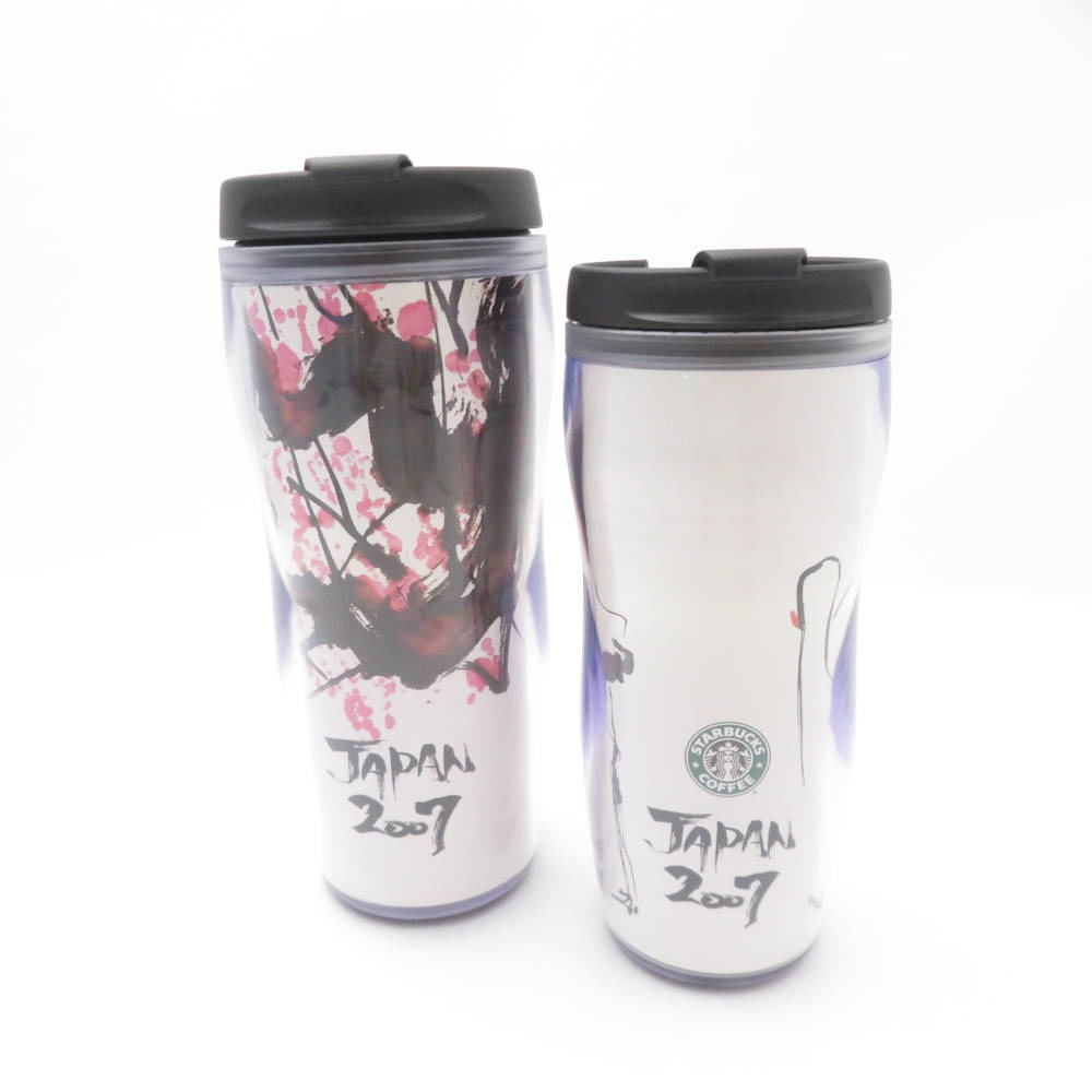 美品 STARBUCKS スターバックス 2007 JAPAN ジャパン タンブラー 2点 セット 旧ロゴ スタバ 鶴 花 SC8758B4 【中古】