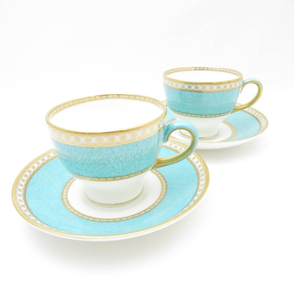 WEDGWOOD ウェッジウッド ユーランダーパウダー ターコイズ ティーカップ＆ソーサー 2客 ペア リー 旧刻印 黒壺 SC8641B3 【中古】