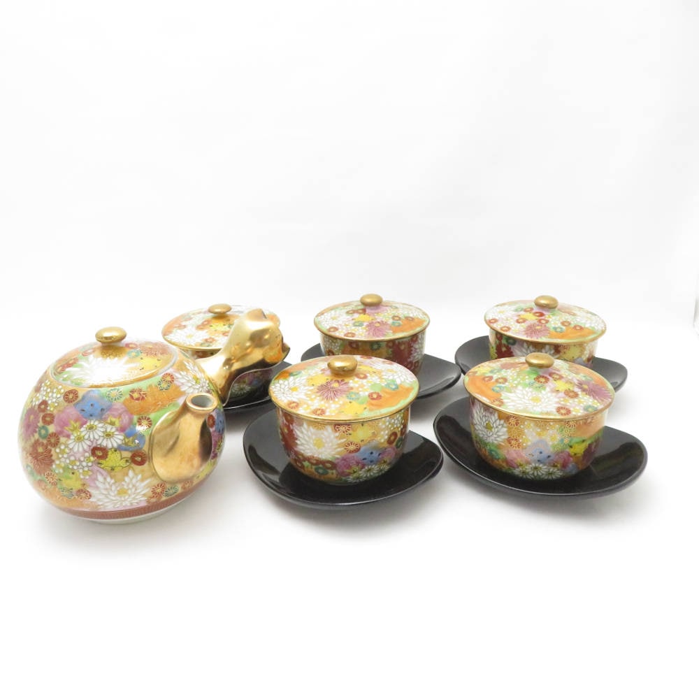 九谷焼 光峰 金花詰 急須 蓋付き湯呑 6点 茶器揃 セット SY13097R1 【中古】